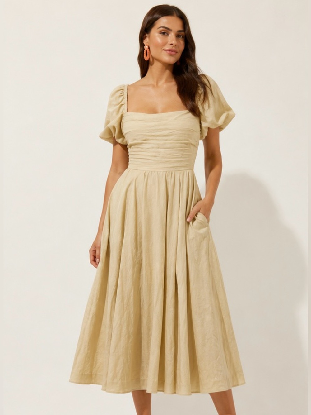 ASTR The Label Dusty Yellow Puff Sleeve Midi Dress - Picture 1 of 9
